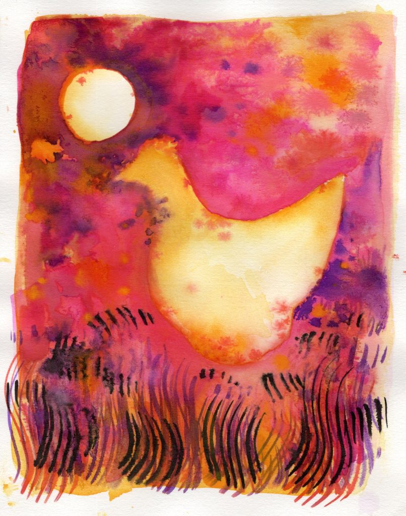 A bright interpretation of golden Bhakti (chicken) ni vibrant red background in the sun