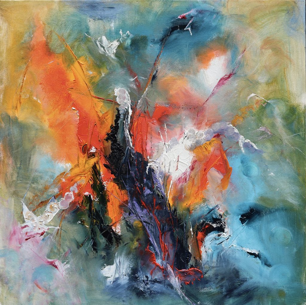 A bright explosion of colour, this 60cm square oil on canvas, considers the positive view of painting beyond words - challenging dyslexia.
