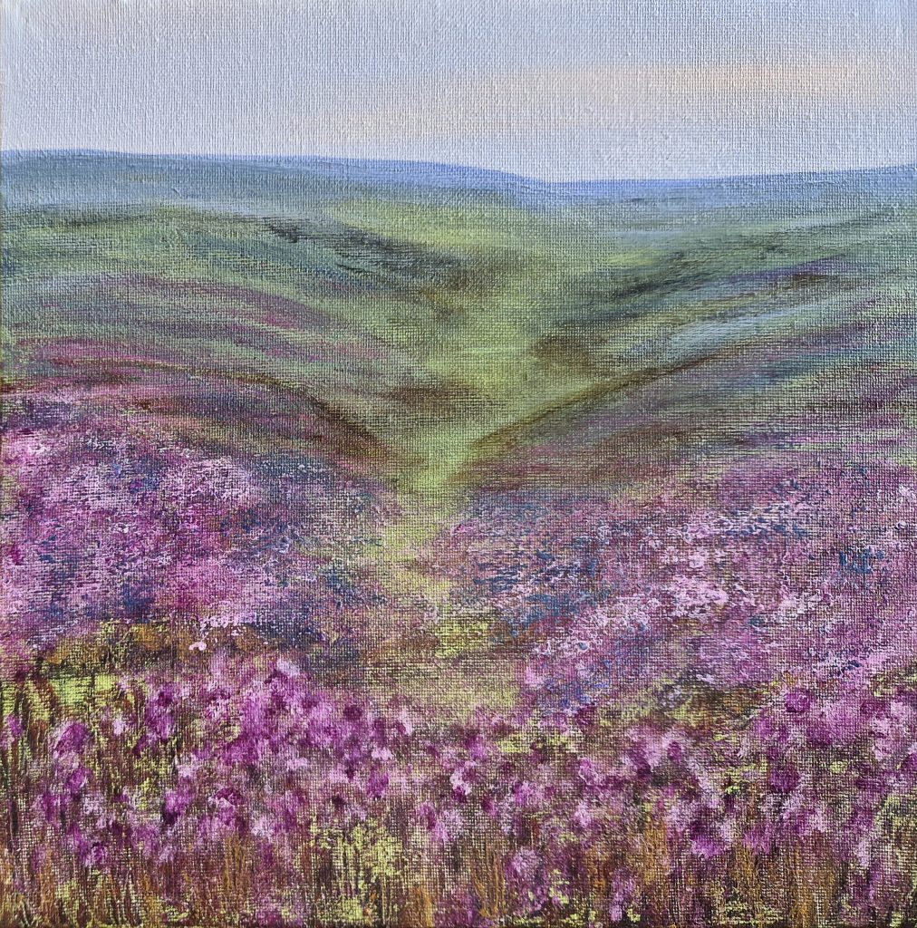 A painting of Dartmoor heather in full flower, with a central grassy path leading off into the distance.