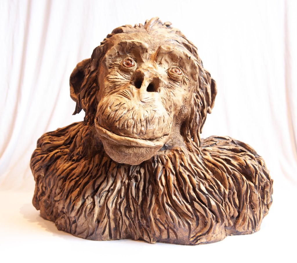 A large clay figure head of a monkey/chimpanzee/