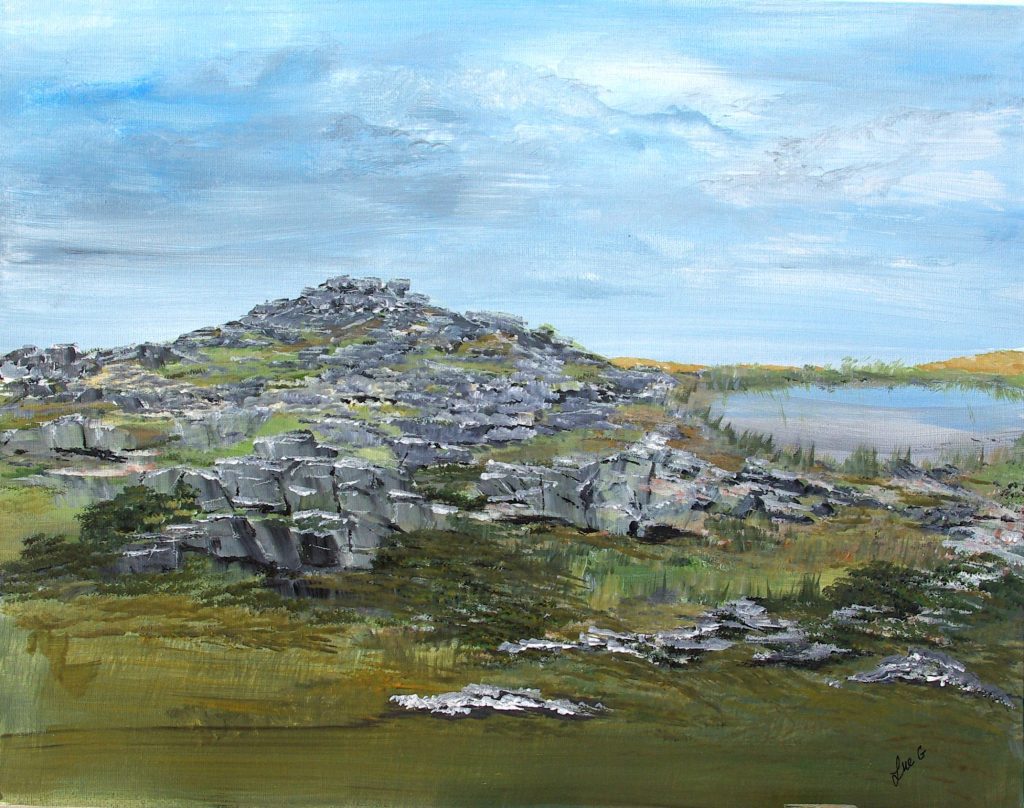 An artwork featuring a stone toor and surrounding land beneath dappled cloudy sky