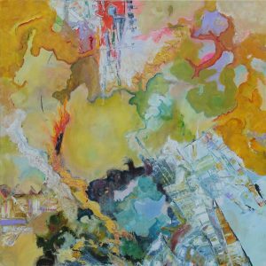 A 1m square oil on canvas, richly coloured, with emphasis on yellow blues and greens. this abstract work aims to conjure diversity in all its forms.