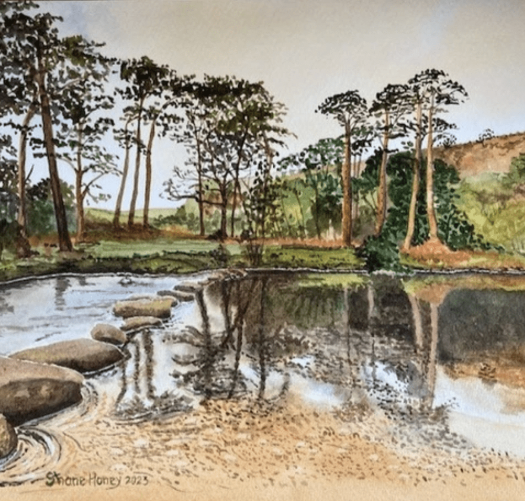 Watercolour of Sherberton Steps, Dartmoor, seen dpicting steps crossing a river, with a wood glade in the background